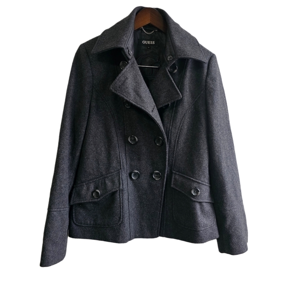 Guess wool blend grey pea coat jacket size large